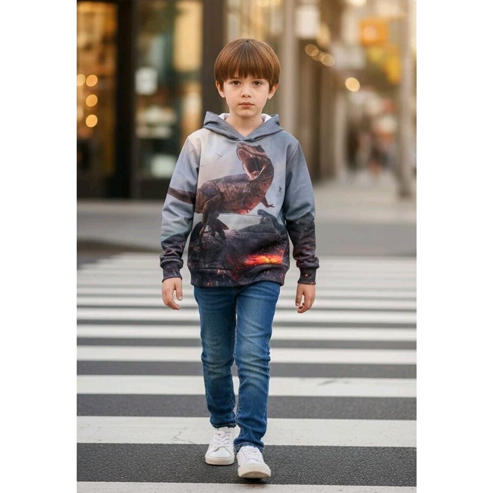 Boy's T REX Dinosaur Hoodie With Pockets Sweatshirt Back Front Print Size 12